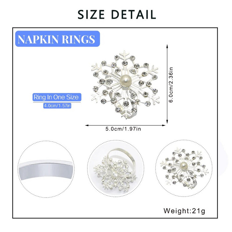 4Gb Ziemassvētku salvešu gredzeni Sliver Rhinestone Snowflake salvešu turētāja gredzeni Ziemassvētku ziemas svētku vakariņu ballītēm HWC130