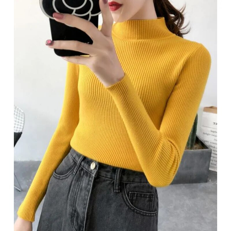 2023. gada rudens un ziemas korejiešu sieviešu bruņurupuča vilna, tievs sieviešu trikotāžas džemperis ar garām piedurknēm vienkrāsains džemperis, sievietēm, Jauns 10643