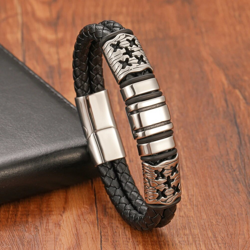 Modes vīriešu sieviešu titāna tērauda dubultā pīta ādas rokassprādze nerūsējošā magnētiskā aizdares plaukstas rotaslietas dāvana bezmaksas piegāde