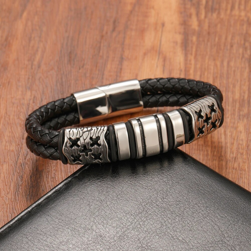 Modes vīriešu sieviešu titāna tērauda dubultā pīta ādas rokassprādze nerūsējošā magnētiskā aizdares plaukstas rotaslietas dāvana bezmaksas piegāde