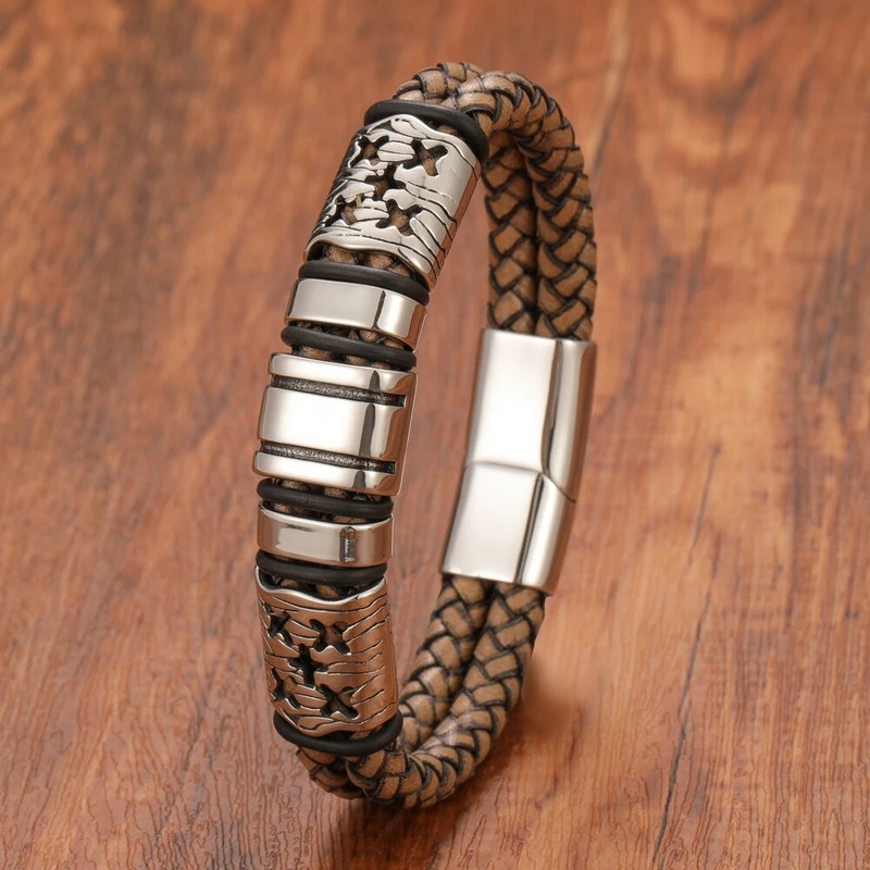 Modes vīriešu sieviešu titāna tērauda dubultā pīta ādas rokassprādze nerūsējošā magnētiskā aizdares plaukstas rotaslietas dāvana bezmaksas piegāde