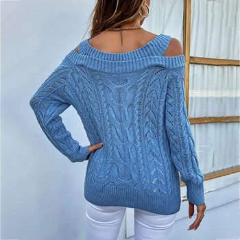 Едноцветен трикотаж Термо есенно-зимен дамски секси пуловер Плетени горнища Дамски плетен пуловер за ежедневно носене
