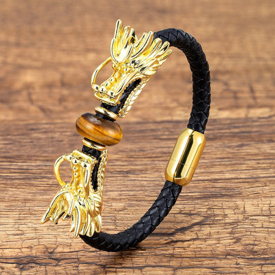 Unikali drakono formos etninė apyrankė juoda natūralios odos virvių grandinėlė vyrams prabangūs papuošalai natūralaus tigro akių akmens apyrankės dovana
