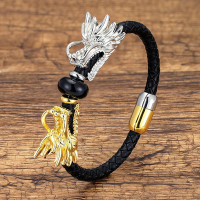 Unikali drakono formos etninė apyrankė juoda natūralios odos virvių grandinėlė vyrams prabangūs papuošalai natūralaus tigro akių akmens apyrankės dovana