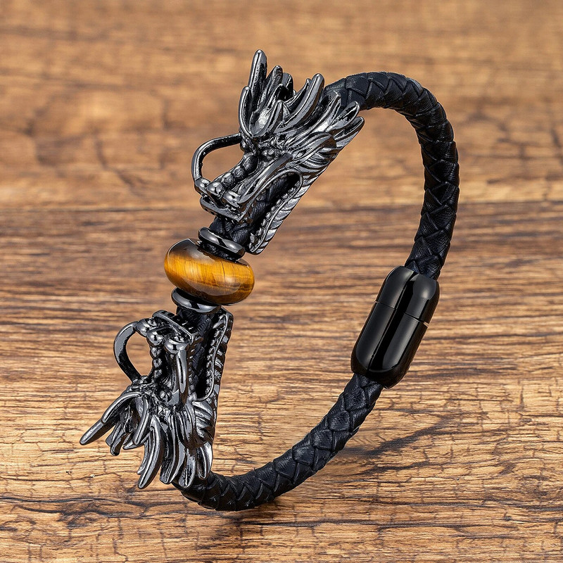 Unikali drakono formos etninė apyrankė juoda natūralios odos virvių grandinėlė vyrams prabangūs papuošalai natūralaus tigro akių akmens apyrankės dovana