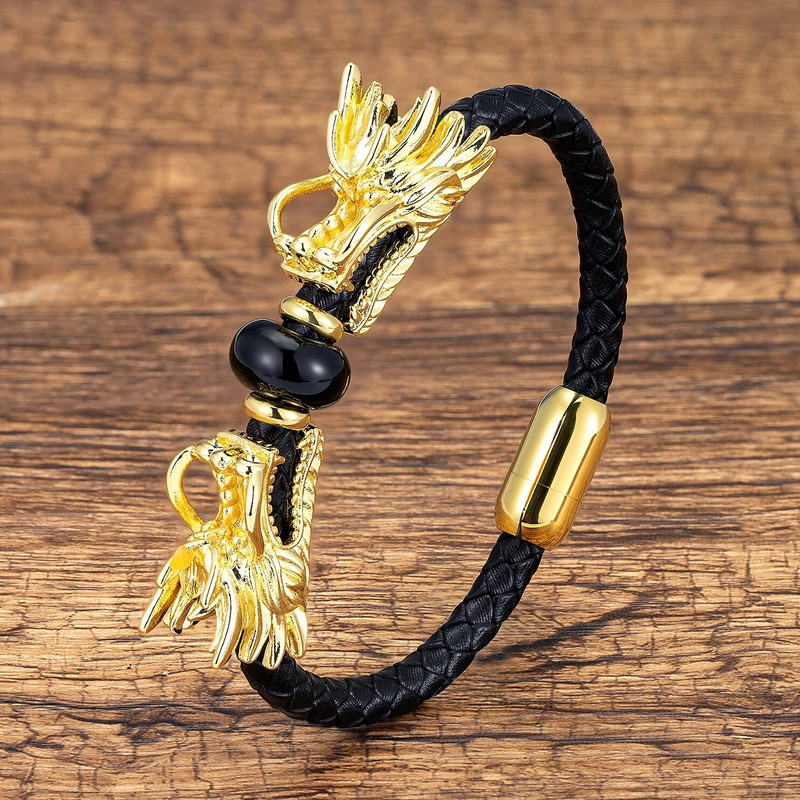 Unikali drakono formos etninė apyrankė juoda natūralios odos virvių grandinėlė vyrams prabangūs papuošalai natūralaus tigro akių akmens apyrankės dovana