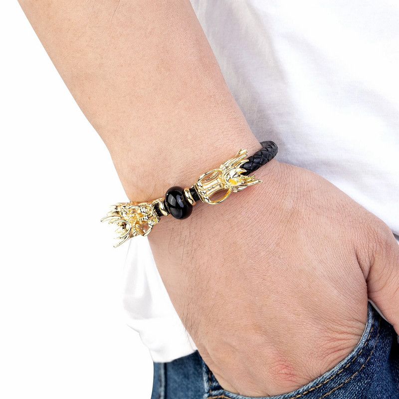Unikali drakono formos etninė apyrankė juoda natūralios odos virvių grandinėlė vyrams prabangūs papuošalai natūralaus tigro akių akmens apyrankės dovana