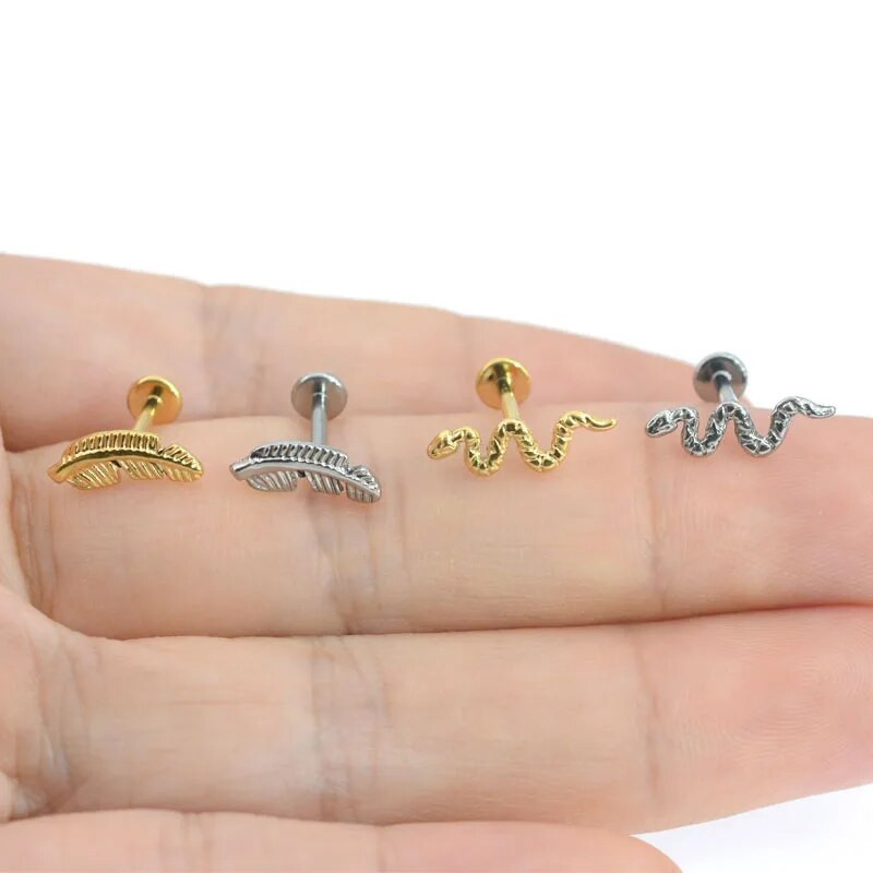 2τμχ 16GX6/8/10MM G23 Feather Titanium Body Jewelry Snake Lip Bar τρυπώντας δαχτυλίδι Labret Ear Helix Cartilage Stud G23 Titanium