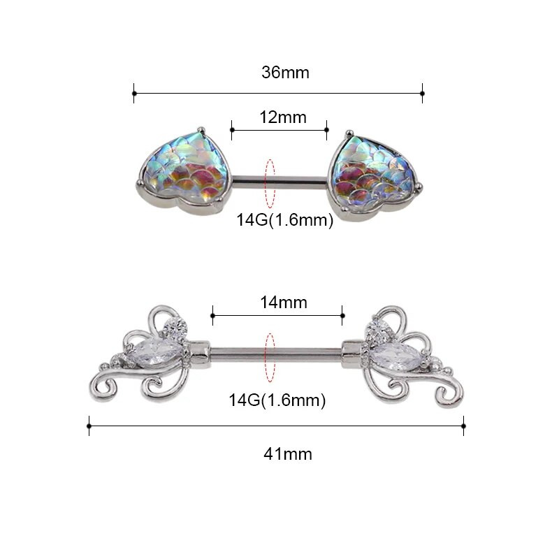 Unikāla sirds zieda forma 2Gb Punk pīrsings Ķirurģisks Tērauds Ziedu krūšu nagi Auskars Pīrsings krūšu vairogs Gredzens 14G stienis
