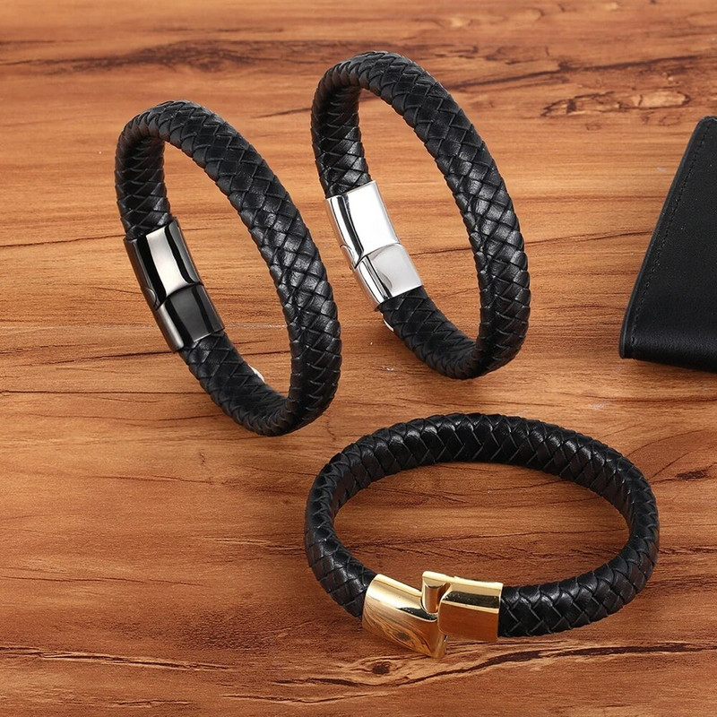 XQNI jaunas klasiskas ģeometriskas pītas vīriešu rokassprādzes 6 stili izvēlei, melna/tērauda poga Modes dizains telpiska dzimšanas dienas dāvana