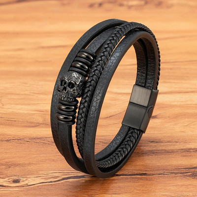 XQNI modes vīriešu rokassprādzes rokas Homme rokassprādzes austi galvaskausa rokas rotaslietas nerūsējošā tērauda magnēta aizdare Ādas aproces dāvana