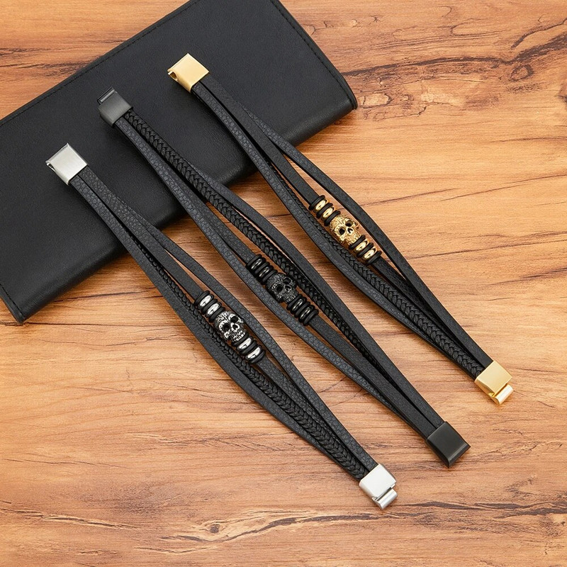 XQNI modes vīriešu rokassprādzes rokas Homme rokassprādzes austi galvaskausa rokas rotaslietas nerūsējošā tērauda magnēta aizdare Ādas aproces dāvana