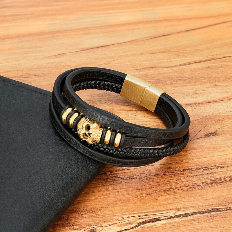 XQNI modes vīriešu rokassprādzes rokas Homme rokassprādzes austi galvaskausa rokas rotaslietas nerūsējošā tērauda magnēta aizdare Ādas aproces dāvana