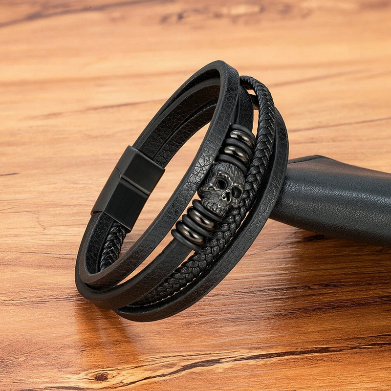 XQNI modes vīriešu rokassprādzes rokas Homme rokassprādzes austi galvaskausa rokas rotaslietas nerūsējošā tērauda magnēta aizdare Ādas aproces dāvana