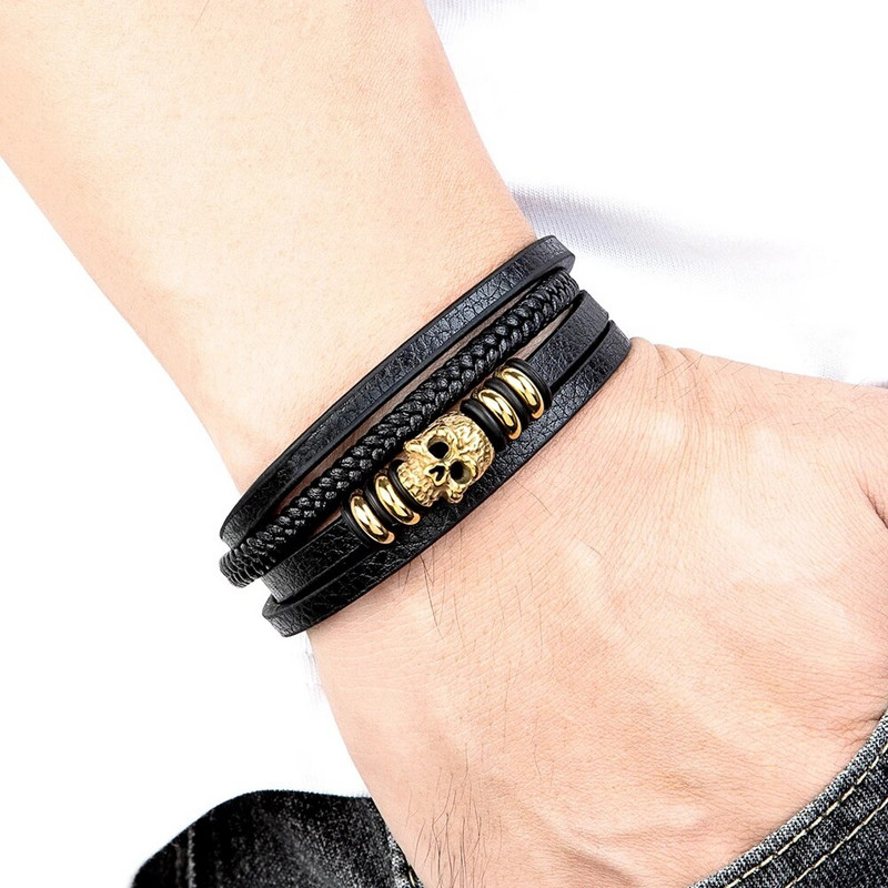 XQNI modes vīriešu rokassprādzes rokas Homme rokassprādzes austi galvaskausa rokas rotaslietas nerūsējošā tērauda magnēta aizdare Ādas aproces dāvana