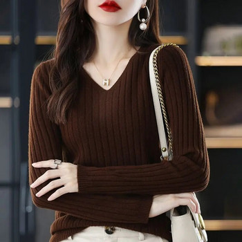 Есен Зима Елегантни модни Harajuku Slim Fit Дамски свободни ежедневни трикотажни изделия с вложка V деколте Пуловери с дълъг ръкав