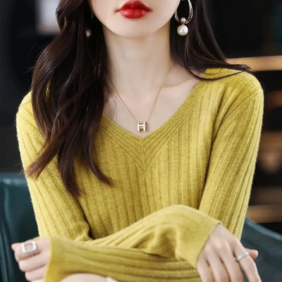 Rudens un ziema eleganti modes Harajuku Slim Fit Topi Sieviešu brīvi ikdienišķa trikotāža ar ieliktni ar V kakla izgriezumu un garām piedurknēm