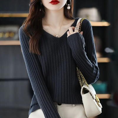 Rudens un ziema eleganti modes Harajuku Slim Fit Topi Sieviešu brīvi ikdienišķa trikotāža ar ieliktni ar V kakla izgriezumu un garām piedurknēm