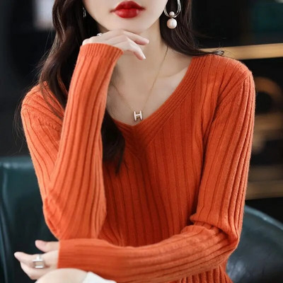 Rudens un ziema eleganti modes Harajuku Slim Fit Topi Sieviešu brīvi ikdienišķa trikotāža ar ieliktni ar V kakla izgriezumu un garām piedurknēm