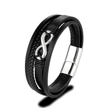 MKENDN Classic Men Infinity Bracelet Тъкани многослойни плетени кожени гривни за жени Черни бижута от неръждаема стомана Подаръци