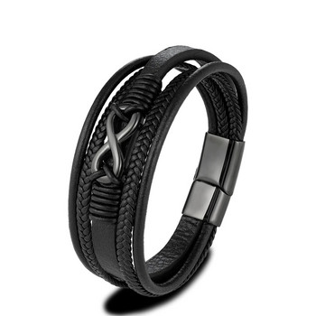 MKENDN Classic Men Infinity Bracelet Тъкани многослойни плетени кожени гривни за жени Черни бижута от неръждаема стомана Подаръци