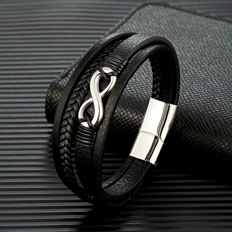 MKENDN klasszikus férfi végtelen karkötő szőtt többrétegű fonott bőr karkötők nőknek fekete rozsdamentes acél ékszer ajándékok