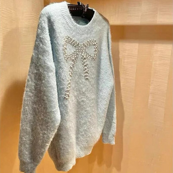 Streetwear Пуловер с мъниста с панделка Дамски сладки огромни плетени пуловери Реколта Свободни трикотажни облекла Зимни корейски ежедневни пуловери