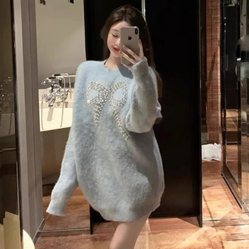 Streetwear Φιόγκος με χάντρες Γυναικείο πουλόβερ Γλυκά πλεκτά πουλόβερ μεγάλου μεγέθους Vintage χαλαρά πλεκτά Χειμερινά κορεατικά casual μπλουζάκια