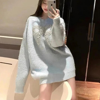 Streetwear Пуловер с мъниста с панделка Дамски сладки огромни плетени пуловери Реколта Свободни трикотажни облекла Зимни корейски ежедневни пуловери