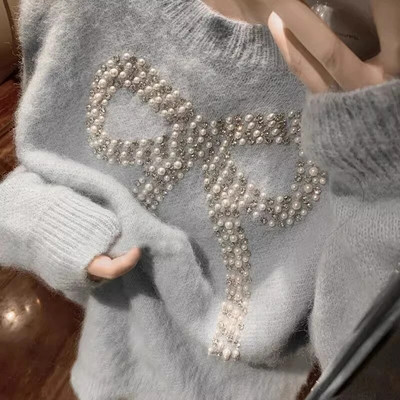 Pulover cu mărgele cu fundă de stradă, pentru femei, dulci, supradimensionate, tricotate, vintage, largi, tricotaje, iarna, coreeană, casual, topuri