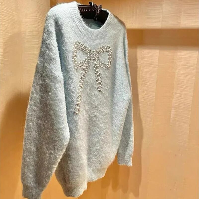 Pulover cu mărgele cu fundă de stradă, pentru femei, dulci, supradimensionate, tricotate, vintage, largi, tricotaje, iarna, coreeană, casual, topuri