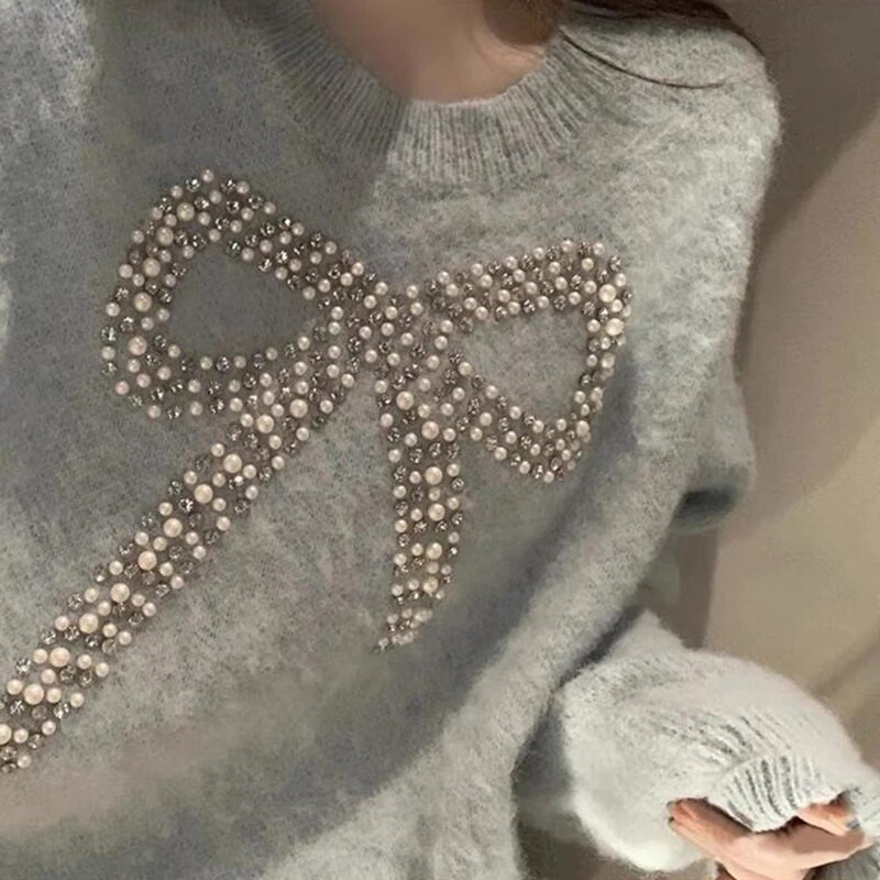 Pulover cu mărgele cu fundă de stradă, pentru femei, dulci, supradimensionate, tricotate, vintage, largi, tricotaje, iarna, coreeană, casual, topuri