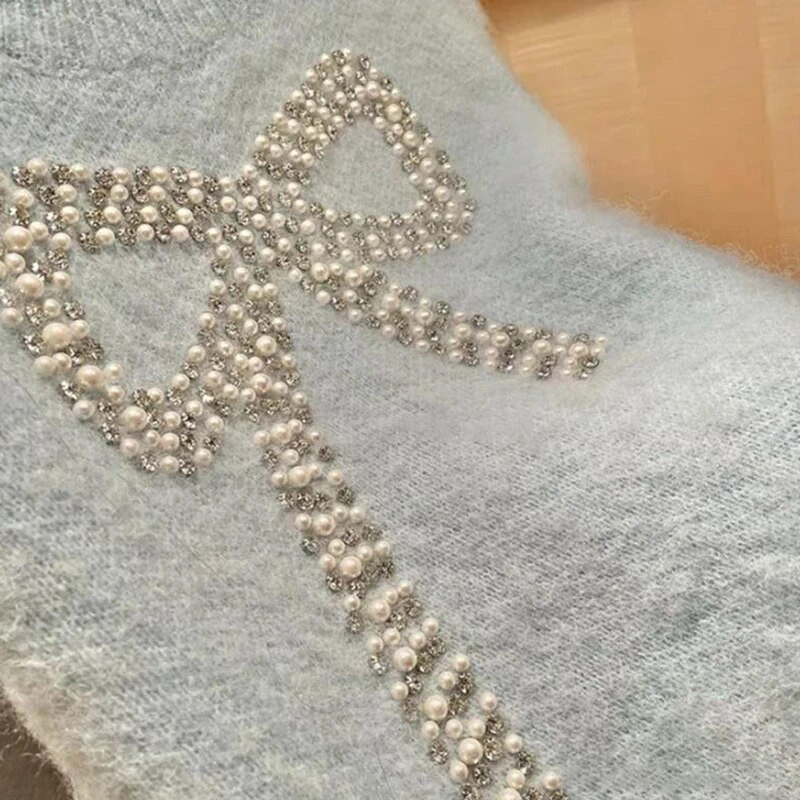 Pulover cu mărgele cu fundă de stradă, pentru femei, dulci, supradimensionate, tricotate, vintage, largi, tricotaje, iarna, coreeană, casual, topuri