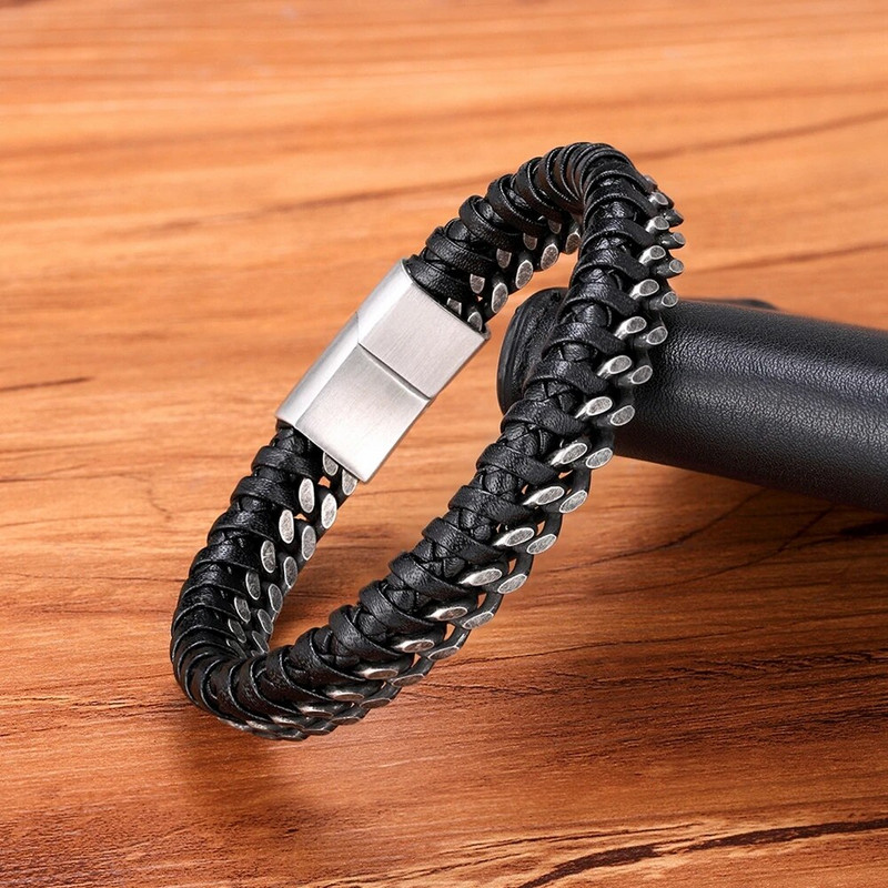 XQNI Luksuzna vintage ručno rađena kožna pletenica Muška narukvica Kopča od nehrđajućeg čelika Poslovne muške narukvice za prijatelje partnere koji vole