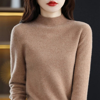 Пуловер от 100% мериносова вълна Дамски есенни топли меки кашмирени пуловери с дълъг ръкав и фалшиво деколте