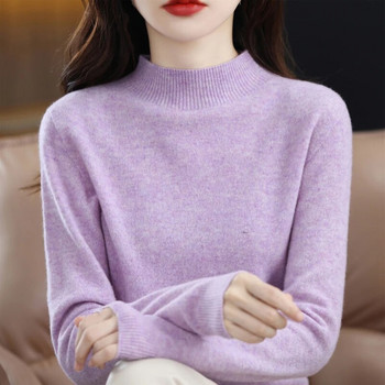 Пуловер от 100% мериносова вълна Дамски есенни топли меки кашмирени пуловери с дълъг ръкав и фалшиво деколте