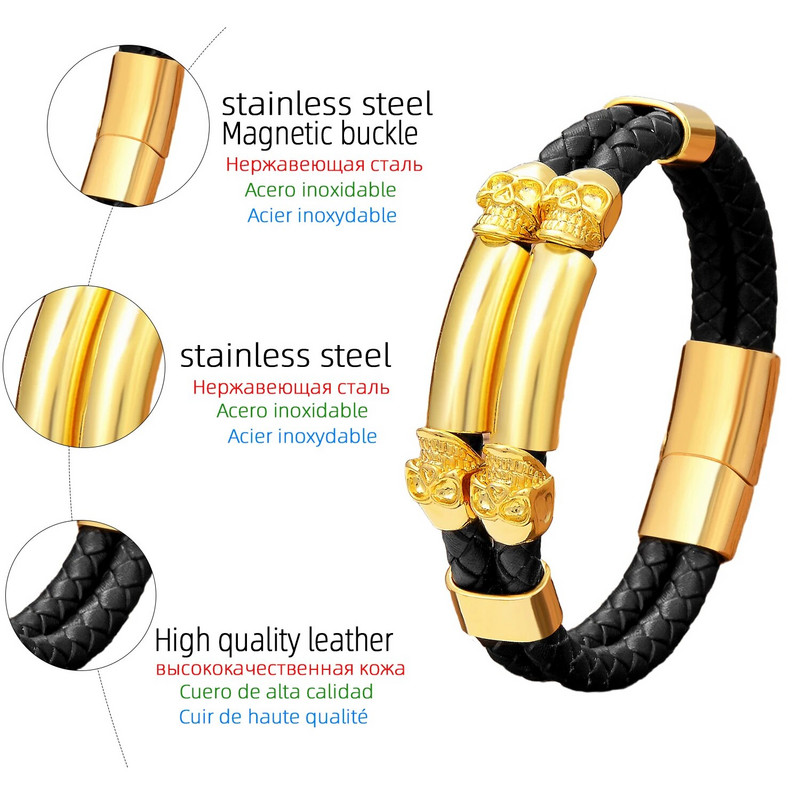 Goth Rock nerūsējošā tērauda panks vīrietis rokassprādze skelets galvaskauss smago metālu aksesuāri dizains ādas aproces vīriešiem vasaras rotaslietas