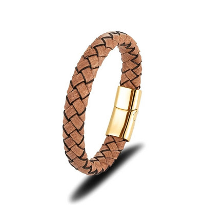 MKENDN Punk Men Retro īstas pītas brūnas ādas rokassprādzes nerūsējošā tērauda magnēta sprādze ar rokām darinātas rotaslietas Homme pulseras