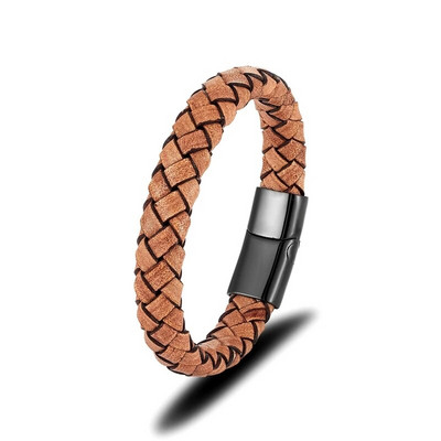 MKENDN Punk Men Retro īstas pītas brūnas ādas rokassprādzes nerūsējošā tērauda magnēta sprādze ar rokām darinātas rotaslietas Homme pulseras