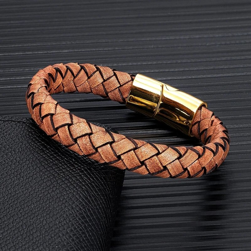 MKENDN Punk Men Retro īstas pītas brūnas ādas rokassprādzes nerūsējošā tērauda magnēta sprādze ar rokām darinātas rotaslietas Homme pulseras