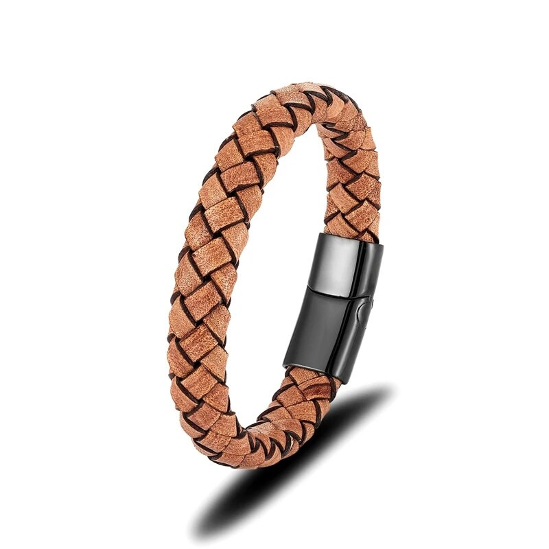 MKENDN Punk Men Retro īstas pītas brūnas ādas rokassprādzes nerūsējošā tērauda magnēta sprādze ar rokām darinātas rotaslietas Homme pulseras