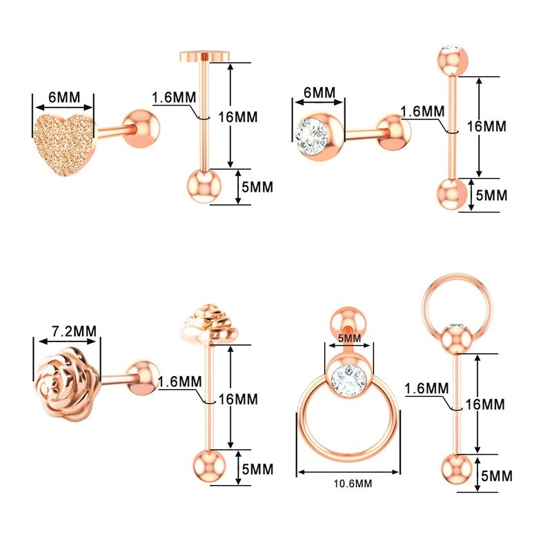 1-4db Nyelvgyűrűk Virág Stud Súly Piercing Rúd Rozsdamentes Acél Porc Fülbevaló Helix női Divat Testékszer 14G