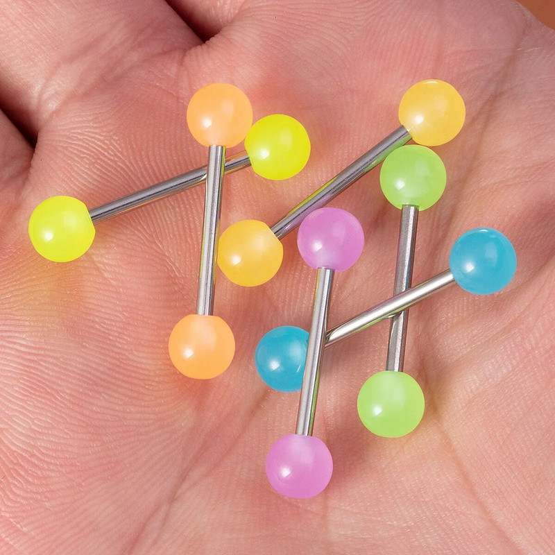 6gab Gaismas mirdzums tumsā mēles gredzeni Stud Nipple Piercing Barbell Bar Akrila skrimšļa auskars Helix ķermeņa rotaslietas 14G