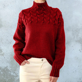Ежедневни дамски пуловери с висока яка Есен Зима Топли пуловери с качулка Усукани оребрени пуловери за жени Трикотажни плътни горнища