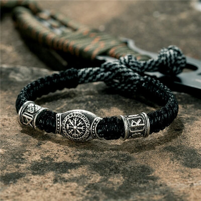MKENDN Vintage Norse Viking Rune Amulet Bead Survival Гривна Мъже Жени Ръчно изработена тъкана регулируема гривна Paracord Jewelry