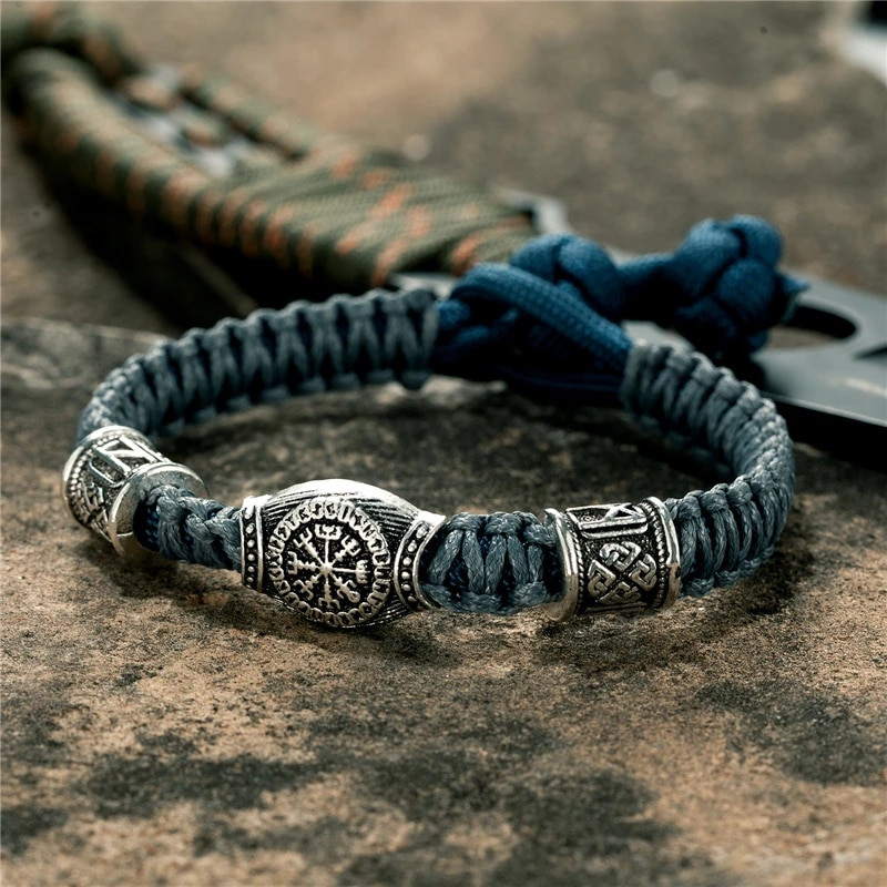 MKENDN Brățară de supraviețuire cu mărgele de mărgele rune vikinge de epocă Norse Viking Brățară de supraviețuire pentru bărbați, femei, lucrată manual, brățară reglabilă, bijuterii Paracord