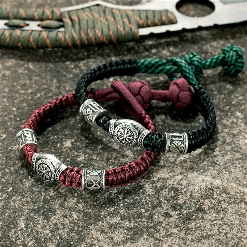 MKENDN Brățară de supraviețuire cu mărgele de mărgele rune vikinge de epocă Norse Viking Brățară de supraviețuire pentru bărbați, femei, lucrată manual, brățară reglabilă, bijuterii Paracord