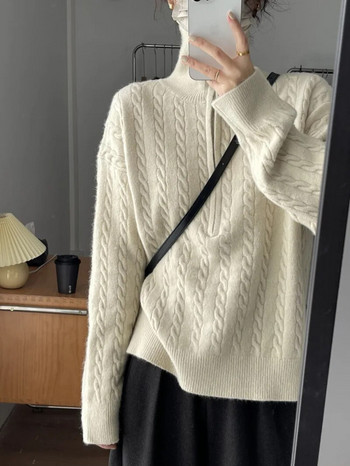 Пуловери с цип и ревер в корейски стил Дамски есенни зимни дебели ретро пуловери Пуловер Палто с въртящи се трикотажни дрехи Pull Femme