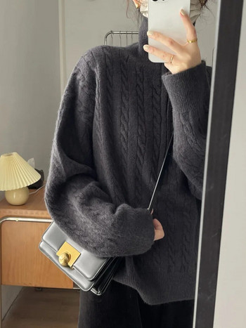 Пуловери с цип и ревер в корейски стил Дамски есенни зимни дебели ретро пуловери Пуловер Палто с въртящи се трикотажни дрехи Pull Femme