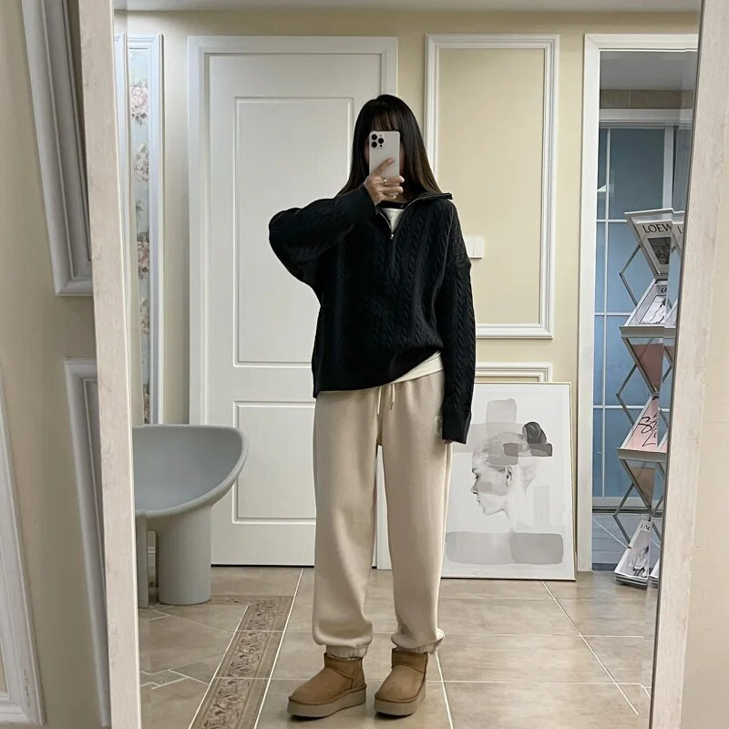 Korea stiilis tõmblukuga revääriga kampsunid naiste sügistalv paks vintage pulloverid kampsun mantel Keerukad kudumid topsid pull Femme